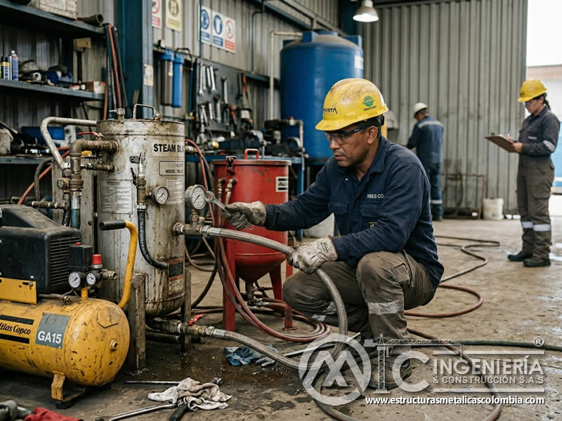 Mantenimiento de equipo de vapor abrasivo sandblasting en Bogotá, Colombia. Montajes, Ingeniería y Construcción. MIC SAS.