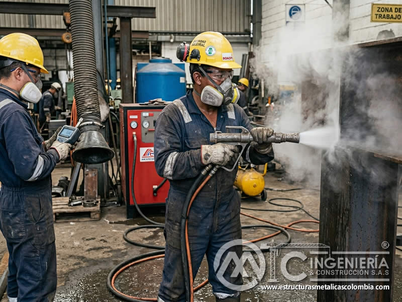 Protección respiratoria en chorro abrasivo con vapor en Bogotá, Colombia. Montajes, Ingeniería y Construcción. MIC SAS.