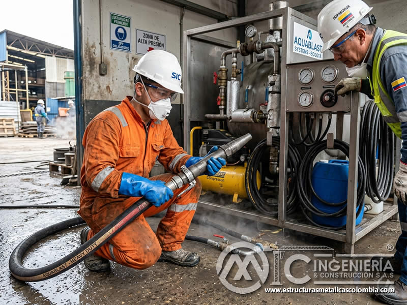 Seguridad del operario en vapor abrasivo sandblasting en Bogotá, Colombia. Montajes, Ingeniería y Construcción. MIC SAS.