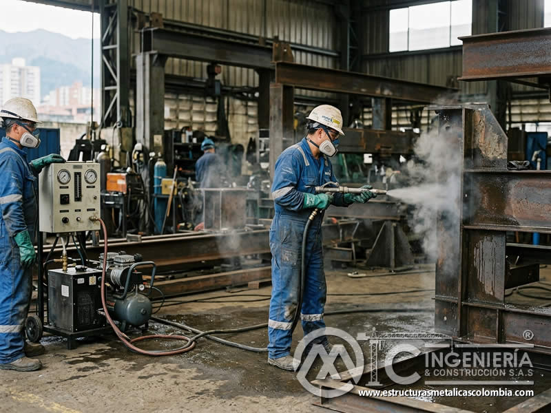 Vapor abrasivo en sandblasting para reducción de polvo en Bogotá, Colombia. Montajes, Ingeniería y Construcción. MIC SAS.
