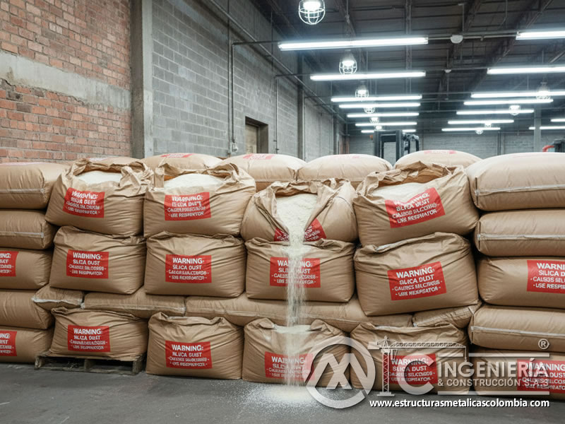 Almacenamiento de arena de sílice en sacos de papel kraft. Bogotá, Colombia. Montajes, Ingeniería y Construcción. MIC SAS.