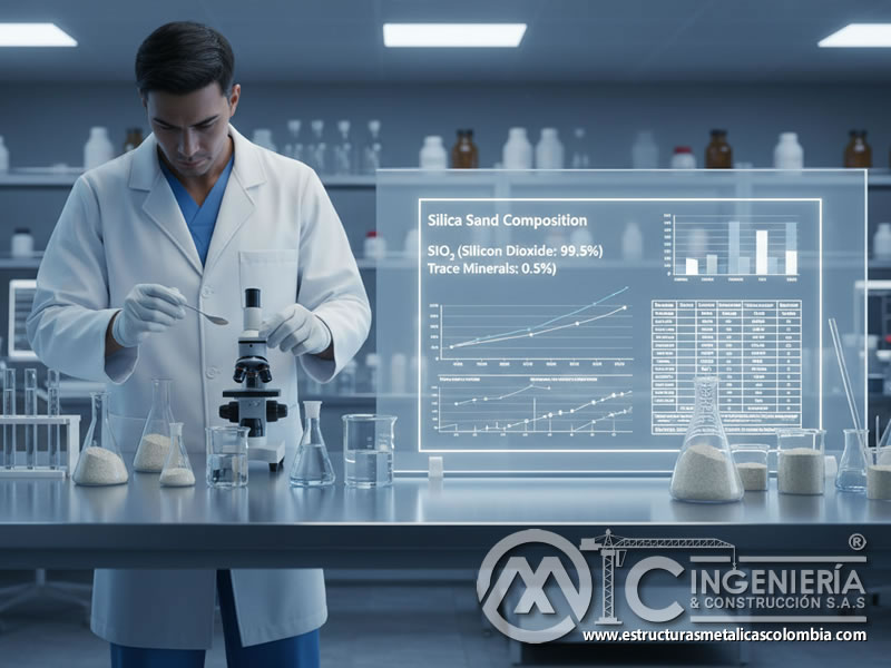 Análisis químico de laboratorio: composición de SiO2 en arena de sílice. Bogotá, Colombia. Montajes, Ingeniería y Construcción. MIC SAS.