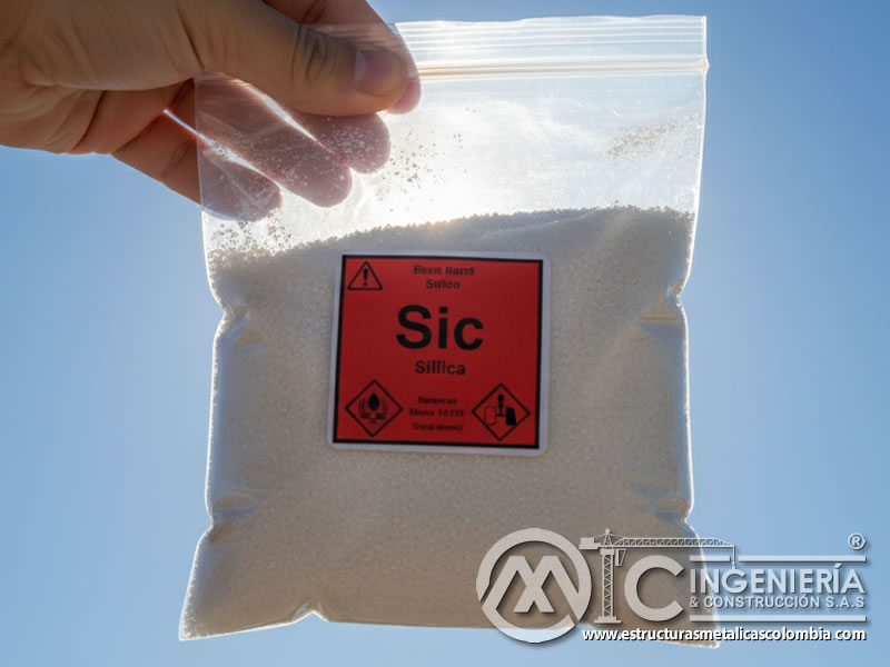 Bolsa de almacenamiento de arena de sílice con etiqueta de advertencia. Bogotá, Colombia. Montajes, Ingeniería y Construcción. MIC SAS.