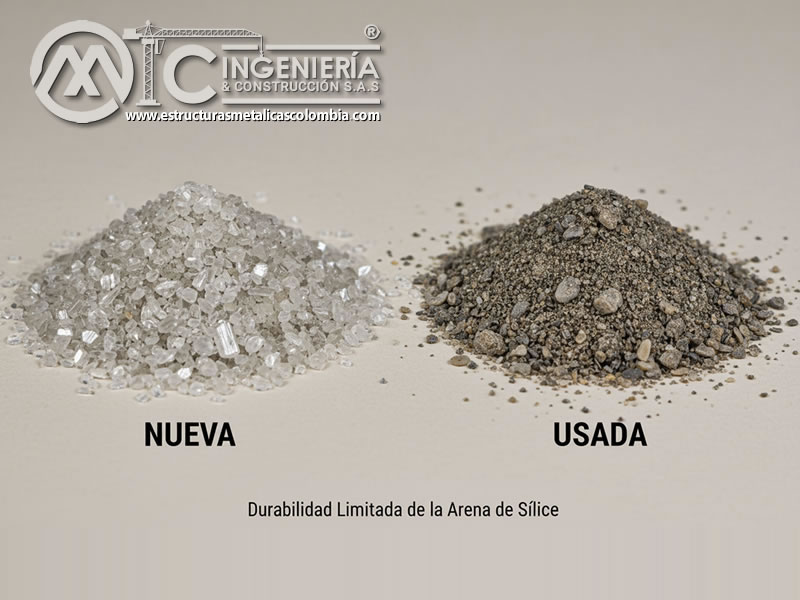 Comparación: arena de sílice nueva vs arena gastada después del sandblasting. Bogotá, Colombia. Montajes, Ingeniería y Construcción. MIC SAS.