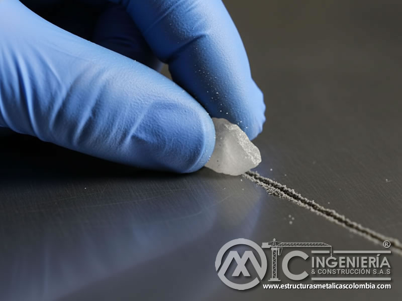 Demostración de dureza de grano de sílice rayando superficie metálica. Bogotá, Colombia. Montajes, Ingeniería y Construcción. MIC SAS.