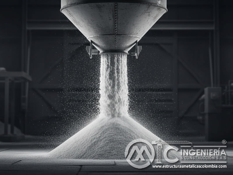 Descarga de arena de sílice desde tolva industrial. Bogotá, Colombia. Montajes, Ingeniería y Construcción. MIC SAS.