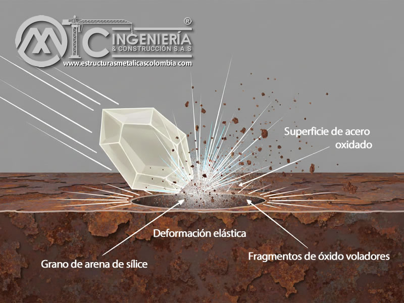 Mecanismo de impacto de grano de sílice removiendo óxido de superficie metálica. Bogotá, Colombia. Montajes, Ingeniería y Construcción. MIC SAS.