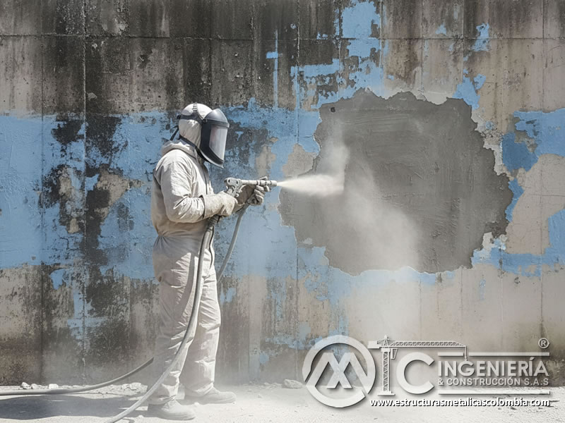 Operario aplicando sandblasting con arena de sílice en pared de concreto. Bogotá, Colombia. Montajes, Ingeniería y Construcción. MIC SAS.