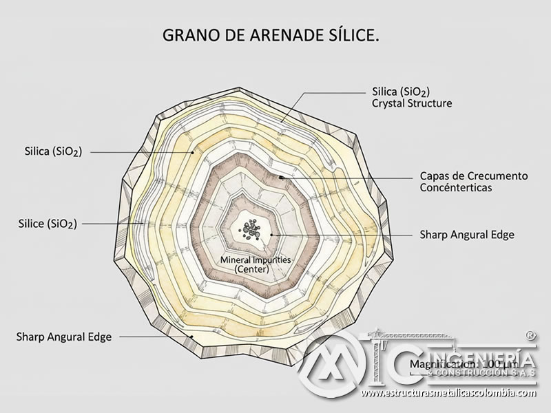 Sección transversal de un grano de sílice mostrando estructura interna. Bogotá, Colombia. Montajes, Ingeniería y Construcción. MIC SAS.