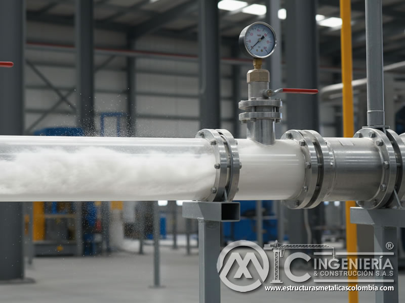 Transporte neumático de arena de sílice mediante soplador industrial. Bogotá, Colombia. Montajes, Ingeniería y Construcción. MIC SAS.