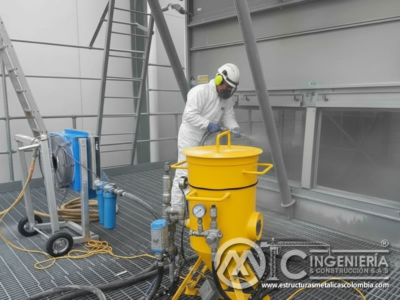Equipo presurizado de soda blasting en cabina industrial. Bogotá, Colombia. Montajes, Ingeniería y Construcción. MIC SAS.