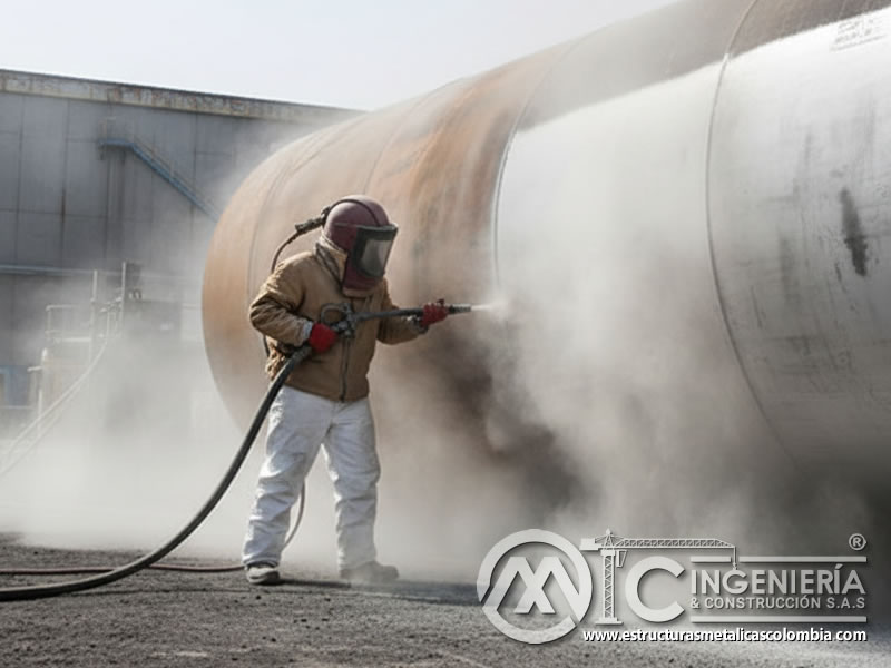Sandblasting en tanque cilíndrico horizontal con bicarbonato de sodio. Bogotá, Colombia. Montajes, Ingeniería y Construcción. MIC SAS.