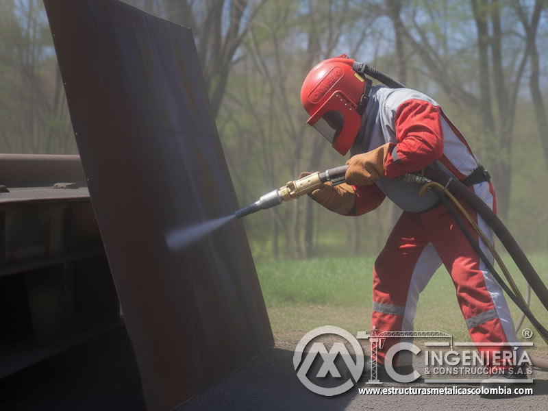 Soda blasting en estructura metálica con bicarbonato de sodio. Bogotá, Colombia. Montajes, Ingeniería y Construcción. MIC SAS.