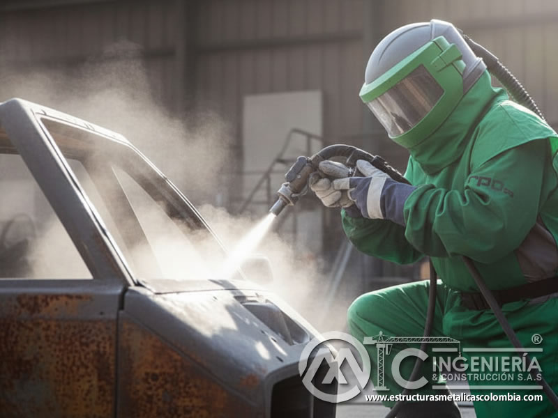 Soda blasting en carrocería de vehículo oxidado en taller. Bogotá, Colombia. Montajes, Ingeniería y Construcción. MIC SAS.