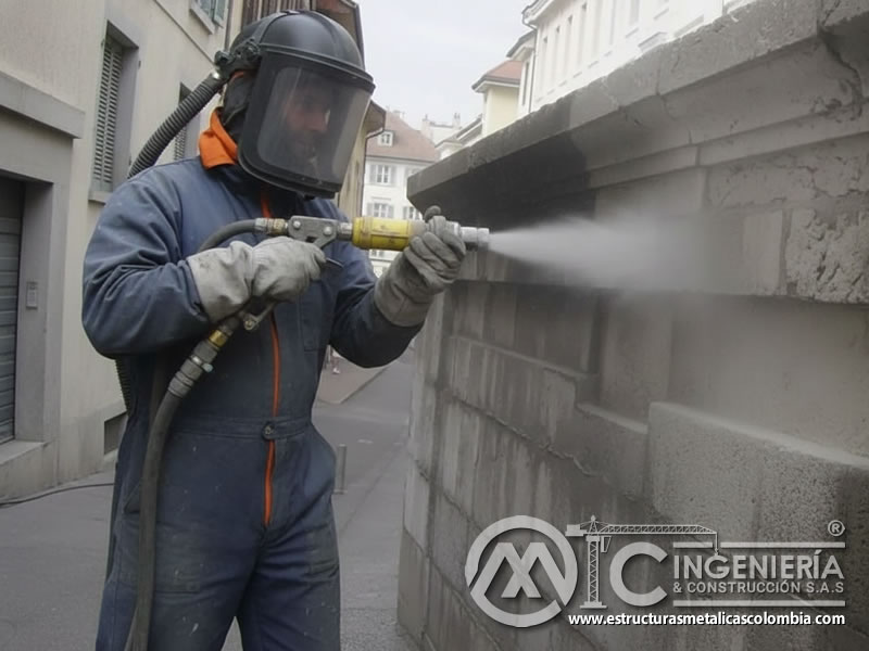 Soda blasting en muro de concreto en exterior urbano. Bogotá, Colombia. Montajes, Ingeniería y Construcción. MIC SAS.