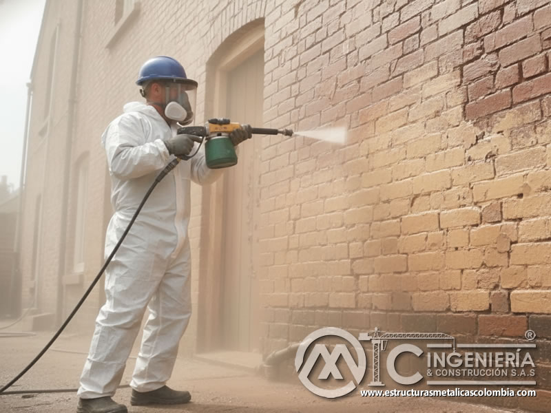 Soda blasting en ladrillo antiguo para restauración de fachada. Bogotá, Colombia. Montajes, Ingeniería y Construcción. MIC SAS.