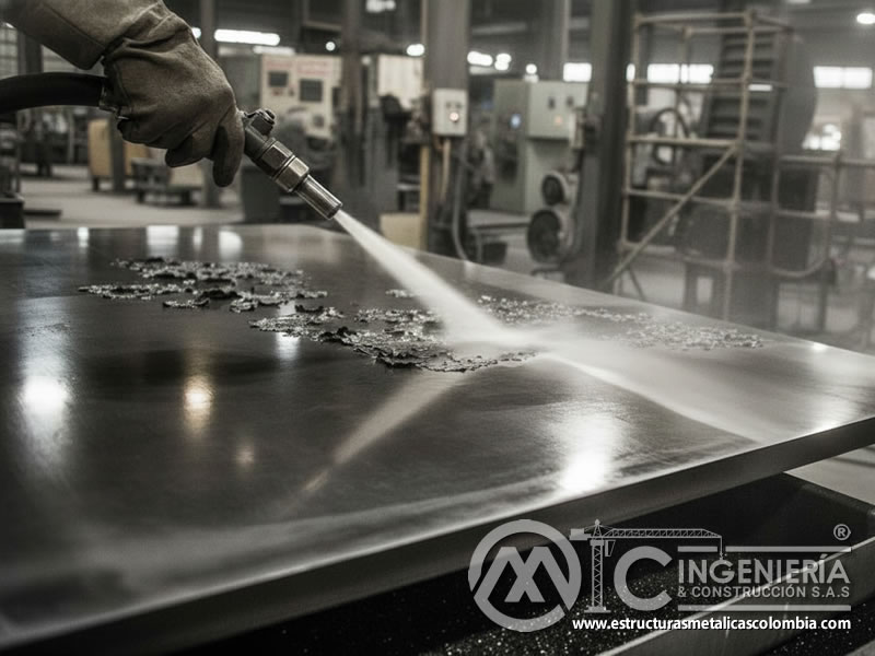 Aleación especial siendo limpiada de óxido con carburo de silicio. Bogotá, Colombia. Montajes, Ingeniería y Construcción. MIC SAS.