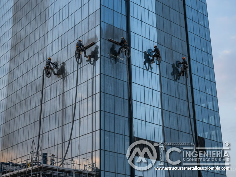 Fachada de vidrio arquitectónico siendo limpiada con carburo de silicio. Bogotá, Colombia. Montajes, Ingeniería y Construcción. MIC SAS.