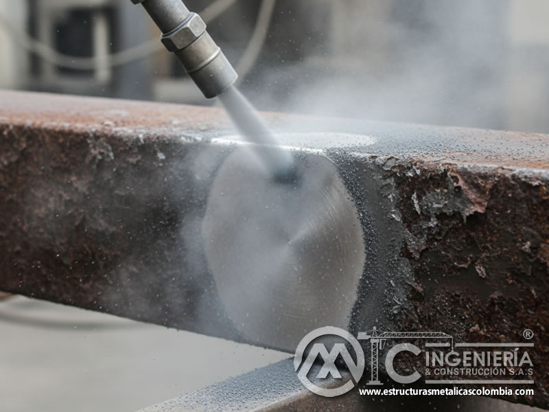 Limpieza de acero endurecido con carburo de silicio removiendo oxidación profunda. Bogotá, Colombia. Montajes, Ingeniería y Construcción. MIC SAS.