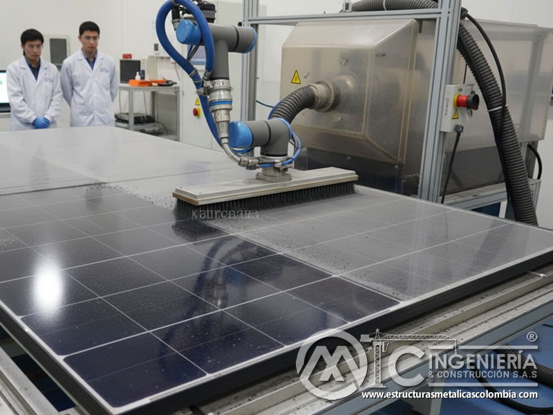 Panel solar de vidrio siendo limpiado con carburo de silicio. Bogotá, Colombia. Montajes, Ingeniería y Construcción. MIC SAS.
