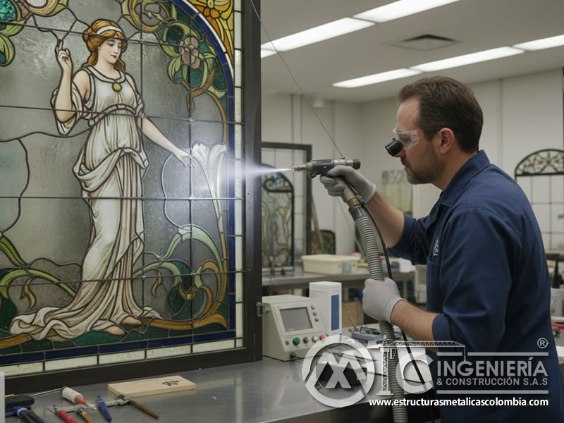 Pieza de arte en vidrio siendo restaurada con carburo de silicio. Bogotá, Colombia. Montajes, Ingeniería y Construcción. MIC SAS.