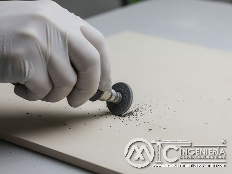 Pieza de cerámica corrigiendo defectos superficiales con carburo de silicio. Bogotá, Colombia. Montajes, Ingeniería y Construcción. MIC SAS.