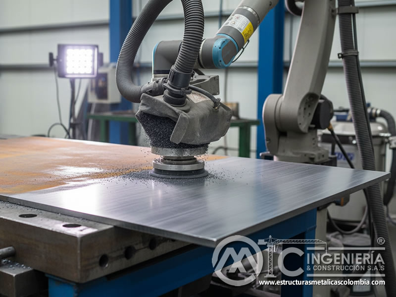 Preparación de acero para soldadura con carburo de silicio. Bogotá, Colombia. Montajes, Ingeniería y Construcción. MIC SAS.