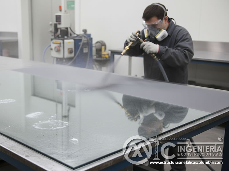 Preparación de superficie de vidrio para adhesivo industrial. Bogotá, Colombia. Montajes, Ingeniería y Construcción. MIC SAS.