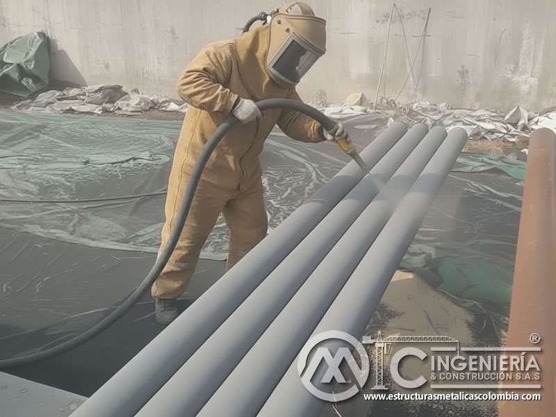 Sandblasting con escoria de cobre en tuberías metálicas grises en exterior. Bogotá, Colombia. Montajes, Ingeniería y Construcción. MIC SAS. Sandblasting con escoria de cobre en tuberías metálicas grises en exterior. Bogotá, Colombia. Montajes, Ingeniería y Construcción. MIC SAS.