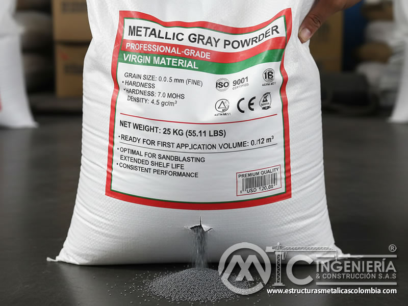 Bolsa industrial de granalla de acero con especificaciones técnicas visibles. Bogotá, Colombia. Montajes, Ingeniería y Construcción. MIC SAS.