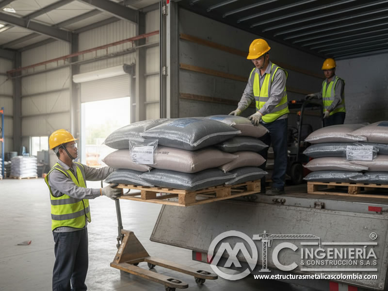 Carga de bolsas de granalla de acero para transporte y entrega. Bogotá, Colombia. Montajes, Ingeniería y Construcción. MIC SAS.