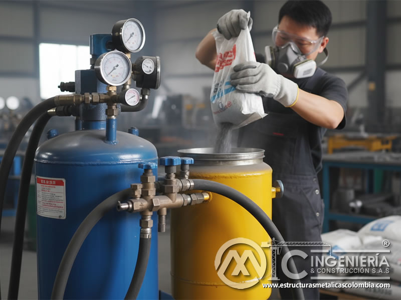 Carga de granalla de acero en tanque de presión del equipo de sandblasting. Bogotá, Colombia. Montajes, Ingeniería y Construcción. MIC SAS.