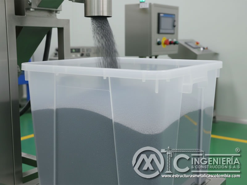 Contenedor recibiendo granalla de acero recuperada magnéticamente. Bogotá, Colombia. Montajes, Ingeniería y Construcción. MIC SAS.