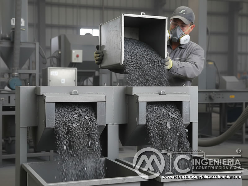 Descarga de residuos de granallado hacia sistema de recuperación magnética. Bogotá, Colombia. Montajes, Ingeniería y Construcción. MIC SAS.