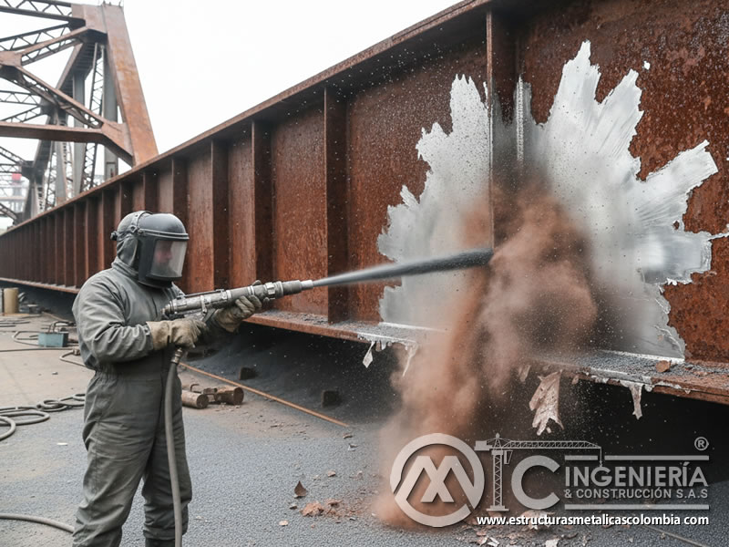 Estructura metálica con oxidación severa siendo penetrada y removida por la granalla de acero en capas. Bogotá, Colombia. Montajes, Ingeniería y Construcción. MIC SAS.