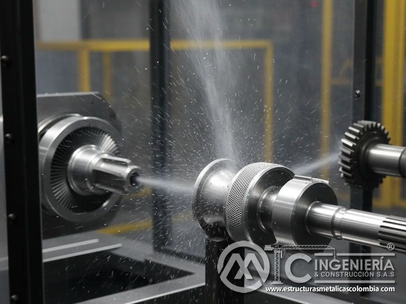 Granalla de acero impactando componentes para mejorar resistencia a fatiga. Bogotá, Colombia. Montajes, Ingeniería y Construcción. MIC SAS.