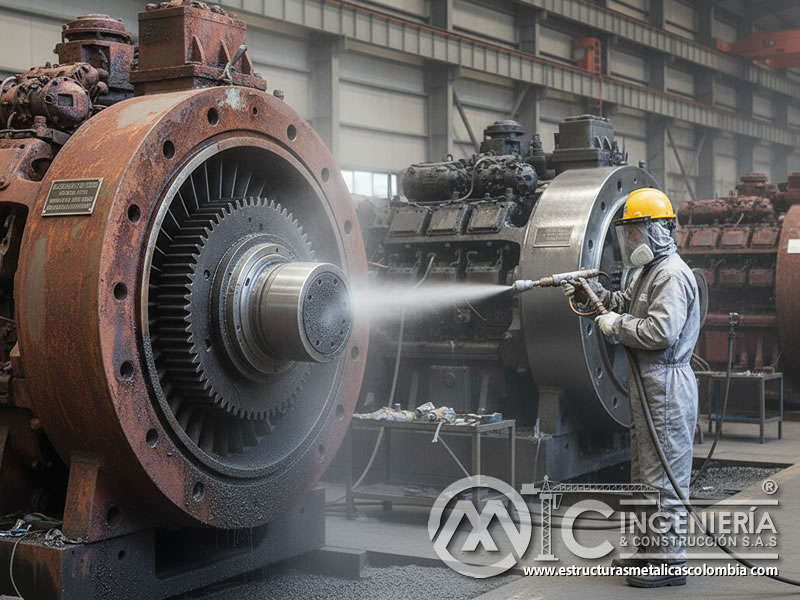 Maquinaria industrial siendo limpiada y restaurada con granalla de acero. Bogotá, Colombia. Montajes, Ingeniería y Construcción. MIC SAS.