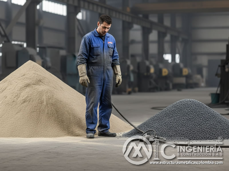 Montón grande de sílice frente a montón pequeño de granalla reutilizable. Bogotá, Colombia. Montajes, Ingeniería y Construcción. MIC SAS.