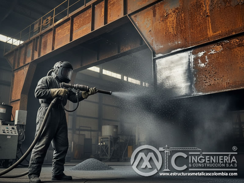 Operario proyectando granalla de acero contra estructura oxidada. Bogotá, Colombia. Montajes, Ingeniería y Construcción. MIC SAS.