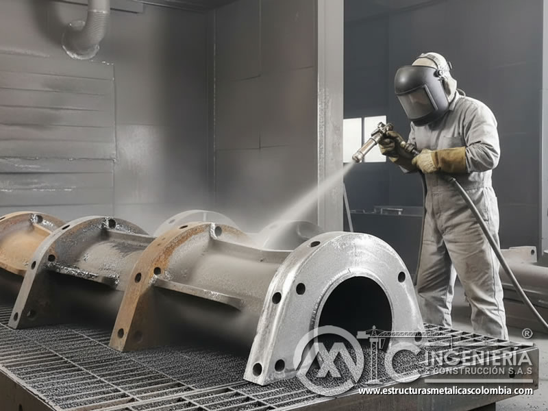 Granalla de acero impactando componentes para crear compresiones residuales y mejorar resistencia a fatiga. Bogotá, Colombia. Montajes, Ingeniería y Construcción. MIC SAS.