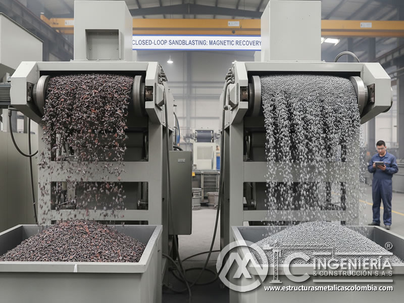 Separador magnético extrae granalla de acero de residuos. Bogotá, Colombia. Montajes, Ingeniería y Construcción. MIC SAS.