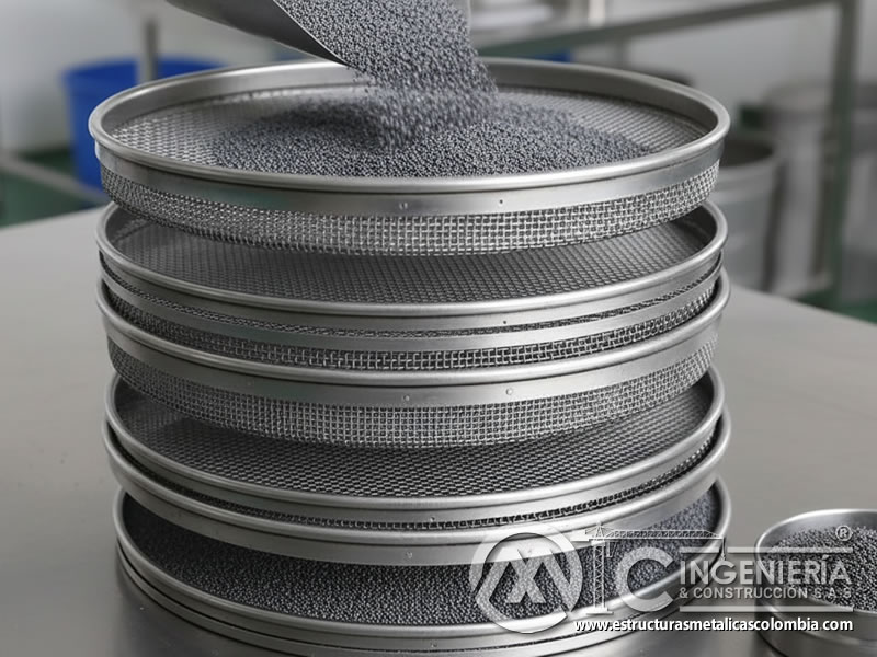 Tamices separan granalla de acero por tamaño asegurando uniformidad para reutilización. Bogotá, Colombia. Montajes, Ingeniería y Construcción. MIC SAS.