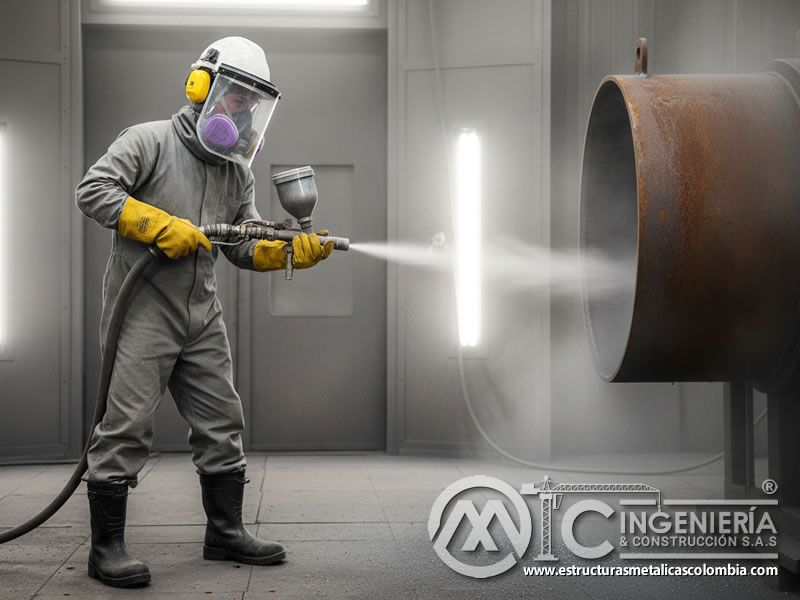 Trabajador equipado con casco, pantalla facial, respirador, guantes, traje y botas para sandblasting. Bogotá, Colombia. Montajes, Ingeniería y Construcción. MIC SAS.