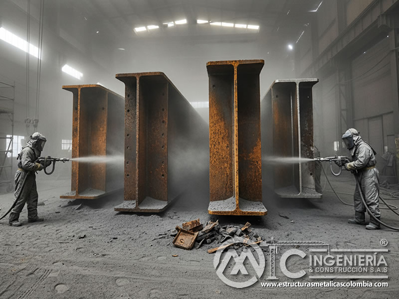 Vigas y columnas de puente oxidadas: granalla remueve óxido grueso eficientemente en superficies masivas. Bogotá, Colombia. Montajes, Ingeniería y Construcción. MIC SAS.