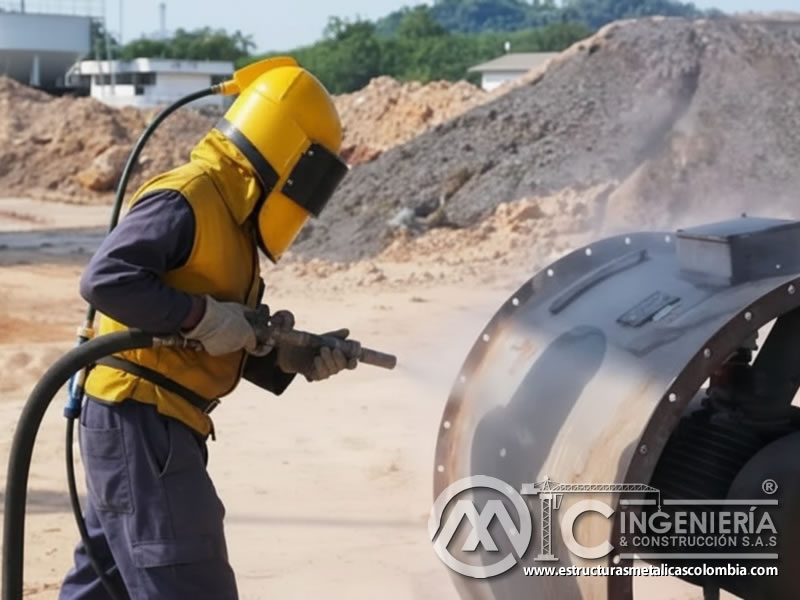 Sandblasting con granate en componente industrial circular en exterior. Bogotá, Colombia. Montajes, Ingeniería y Construcción. MIC SAS.