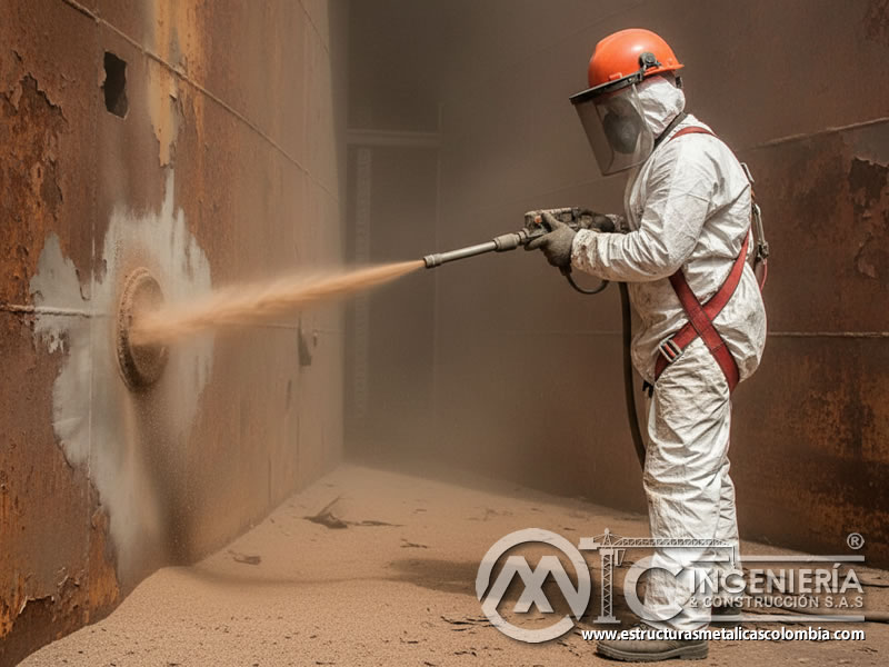 Sandblasting con granate en interior de tanque industrial oxidado. Bogotá, Colombia. Montajes, Ingeniería y Construcción. MIC SAS.