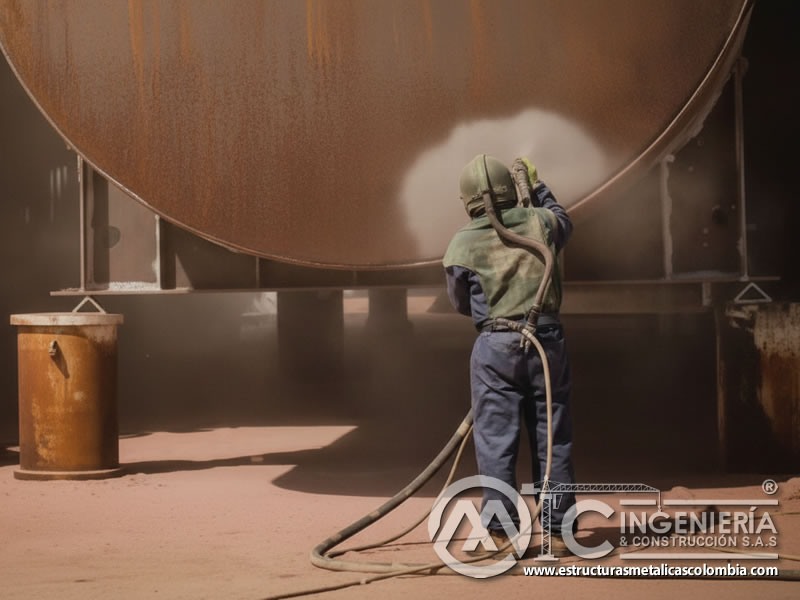 Sandblasting con granate en tanque industrial oxidado de gran tamaño. Bogotá, Colombia. Montajes, Ingeniería y Construcción. MIC SAS.