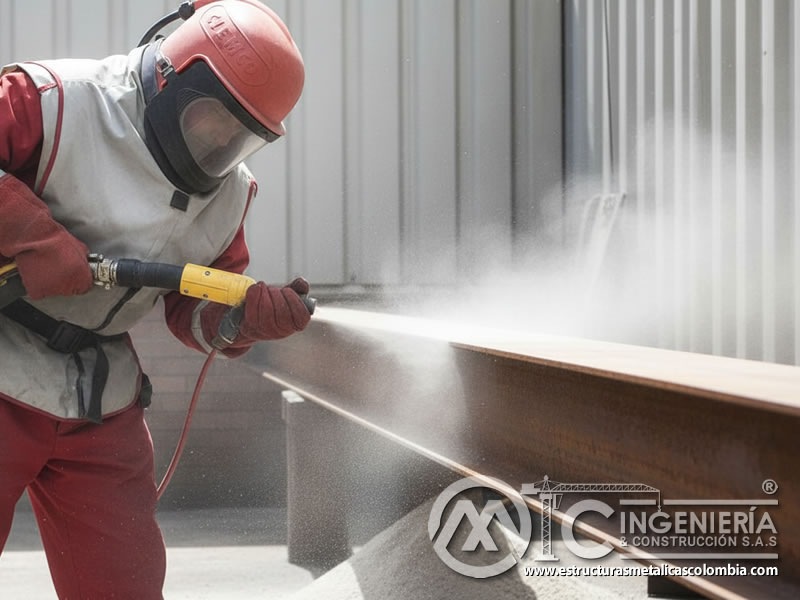 Sandblasting con granate para eliminar óxido en perfil de acero estructural. Bogotá, Colombia. Montajes, Ingeniería y Construcción. MIC SAS.