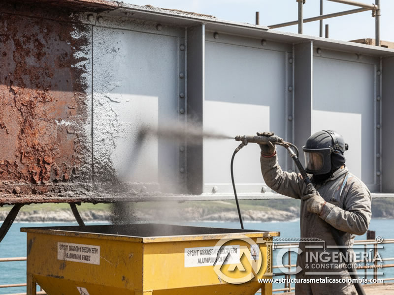 Eliminación de corrosión severa en estructura de puente con óxido de aluminio. Bogotá, Colombia. Montajes, Ingeniería y Construcción. MIC SAS.