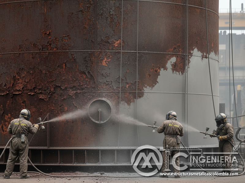 Eliminación de corrosión severa en estructura metálica con óxido de aluminio. Bogotá, Colombia. Montajes, Ingeniería y Construcción. MIC SAS.